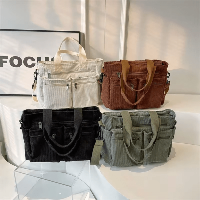 Corduroy Satchel Bag with Multiple Pockets - MILOÉ