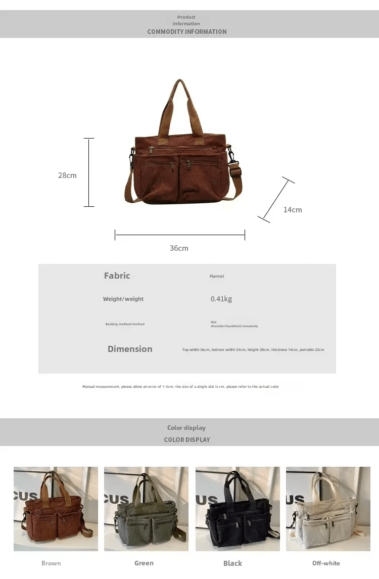 Corduroy Satchel Bag with Multiple Pockets - MILOÉ